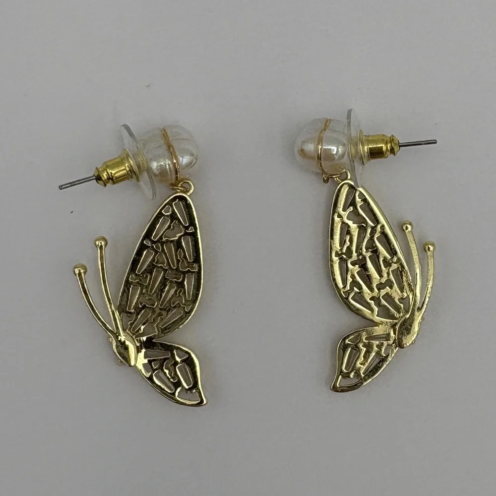 Eye Candy Gold Butterfly Earrings with CZ Stones and Pearlesque Hearts New